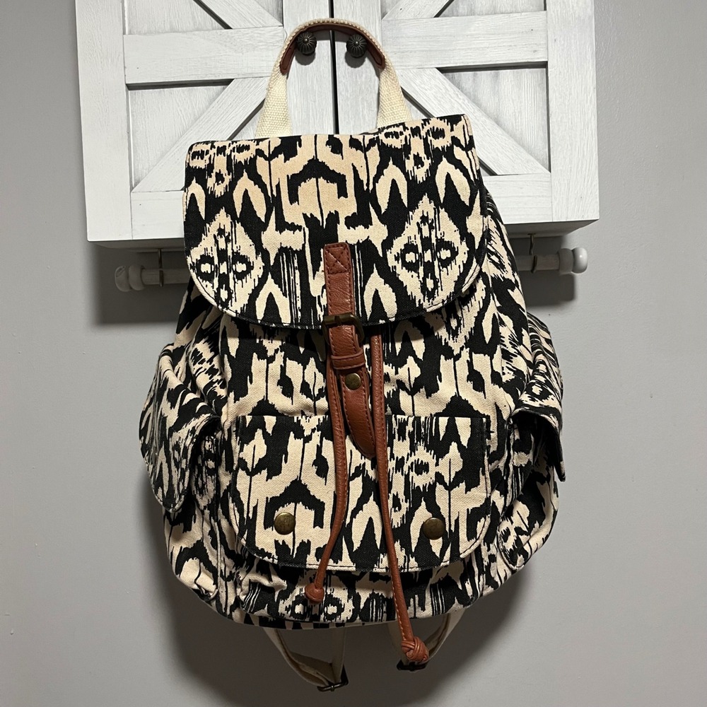 Bueno Ikat Tribal Print Canvas Backpack Faux Leather Trim Boho Southwestern